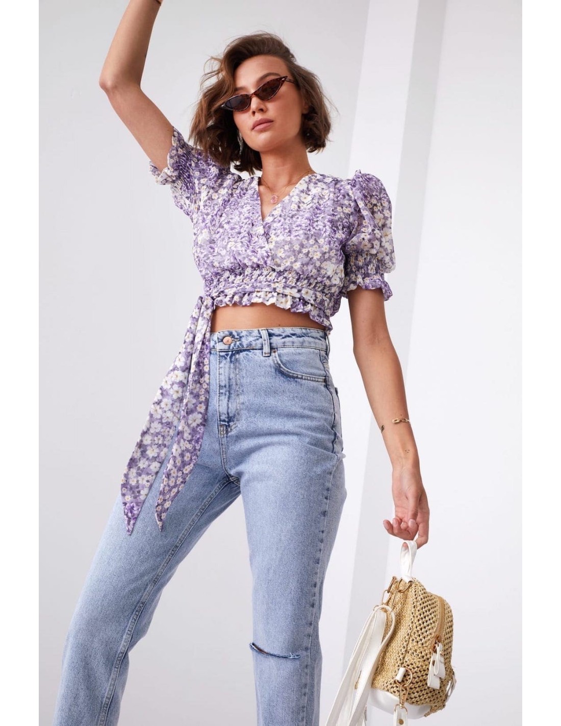 Short envelope blouse with flowers and a belt, purple and cream 02041 - Online store - Boutique